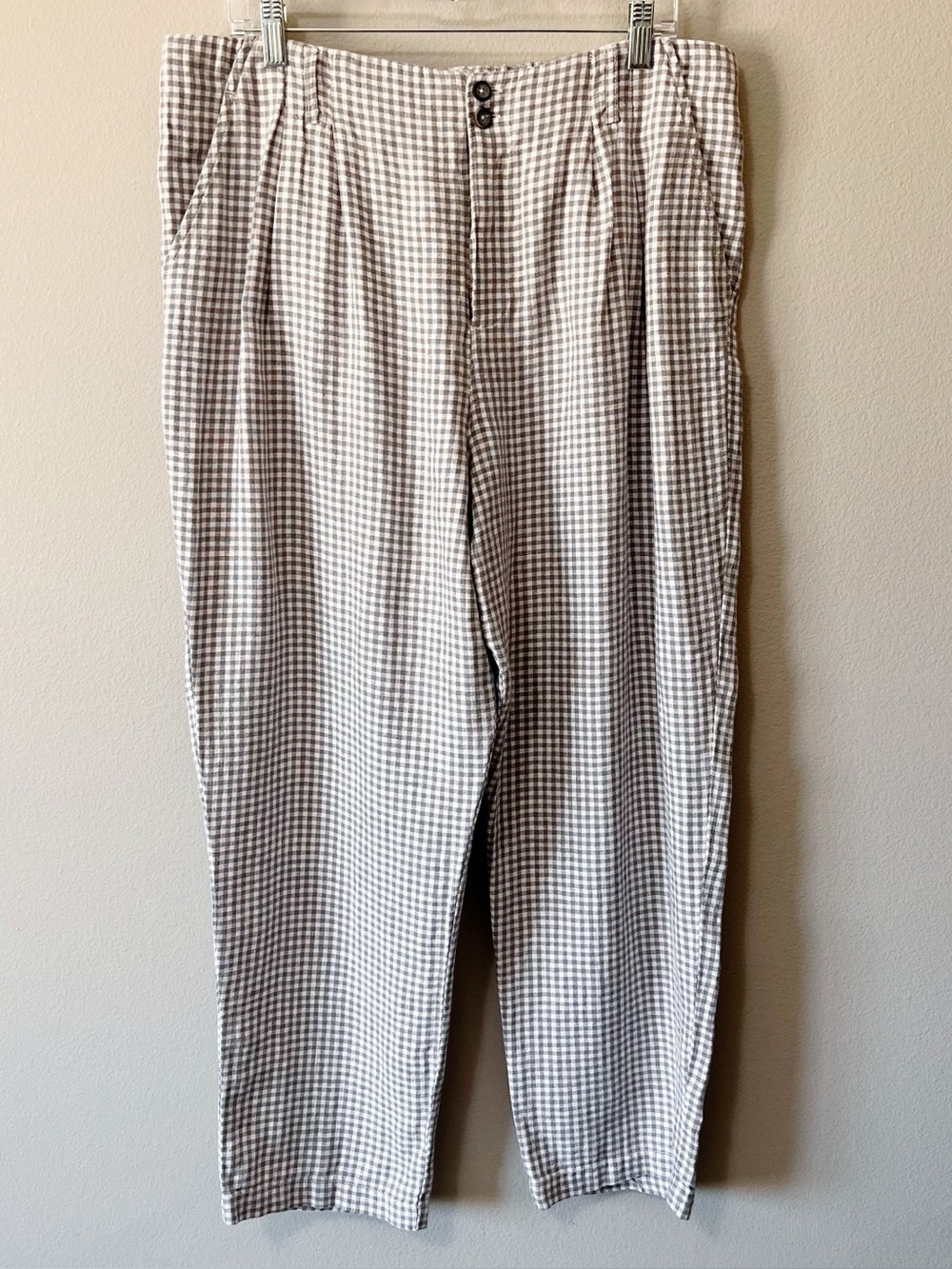 Garnet Hill Straight Leg Linen Highrise Trouser Pants Gray White Gingham Size 16